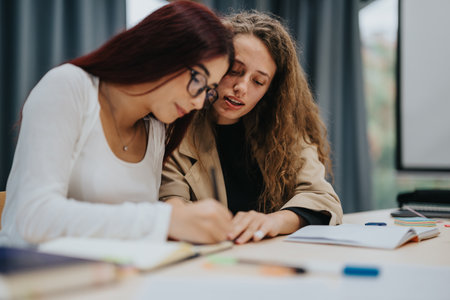 Two students collaborating during a classroom study sessionの写真素材