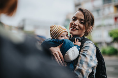 Mother holding her baby outdoors in urban environmentの写真素材