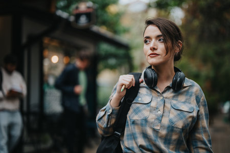 Young student with headphones outdoors in an urban environmentの写真素材