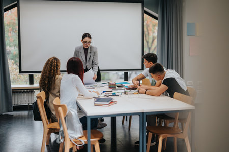 Teacher leading interactive classroom discussion with attentive studentsの写真素材