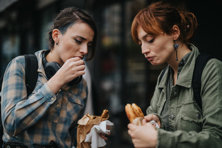 College students enjoying snacks during a break outdoorsの写真素材