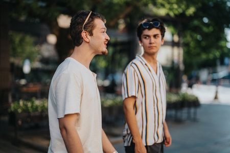 Two young men enjoying a casual conversation in the cityの写真素材