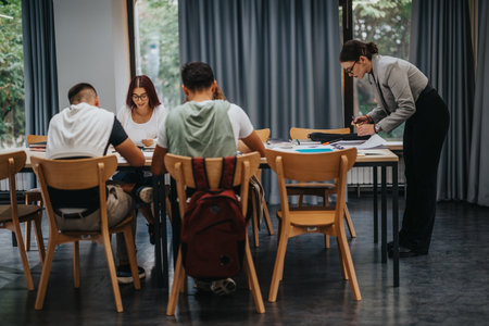 Teacher assisting students in a modern educational classroom settingの写真素材