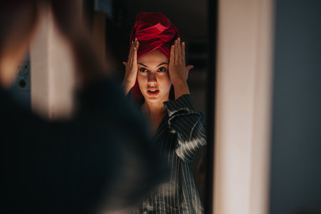 Woman with red towel turban looking in mirror at homeの写真素材