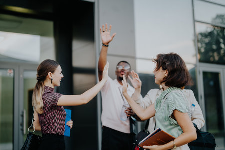 Business professionals celebrating success with high five gesture outdoorsの写真素材