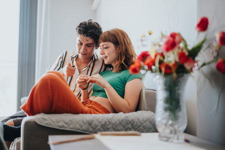 Young friends enjoying a cozy time together at homeの写真素材