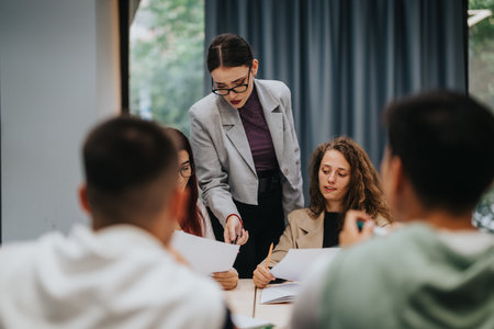 Teacher guiding students in classroom during group study sessionの写真素材