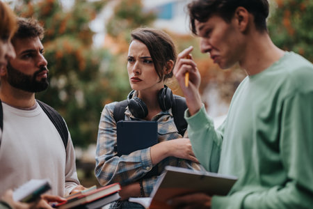 Students discussing study material outdoors in a group settingの写真素材