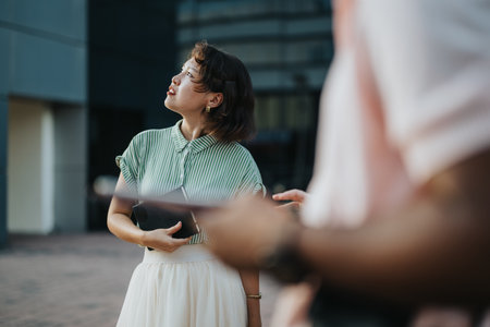 Multicultural business team discussing strategy in outdoor meetingの写真素材
