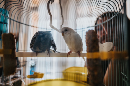 Two budgerigars sitting on a perch inside a birdcageの写真素材