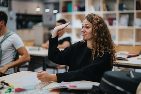 Engaged student participating in an interactive classroom sessionの写真素材