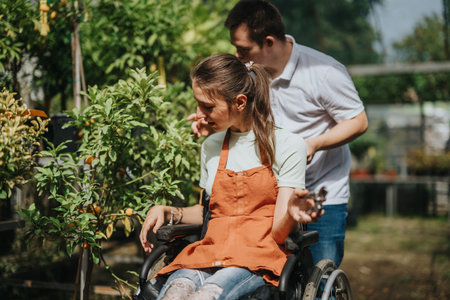 Man and woman enjoy gardening together in a lush green environmentの写真素材