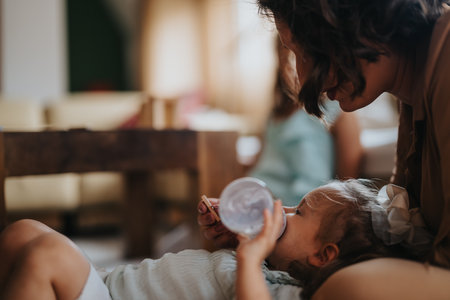 Mother bonding with young daughter drinking from bottle at homeの写真素材