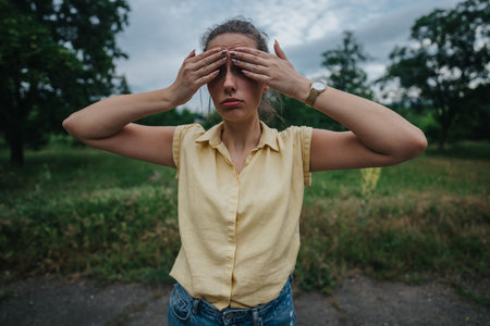 Woman in yellow shirt covering eyes with hands outdoors in a green park settingの写真素材