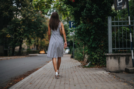Woman walking confidently on a city sidewalk in summerの写真素材