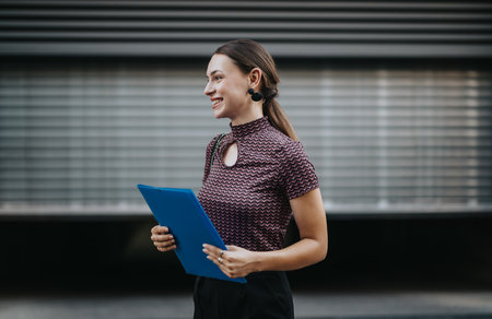 Confident businesswoman smiling while holding a blue folderの写真素材
