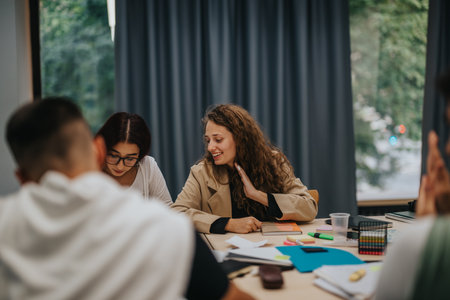 Students collaborating in a lively study group session at schoolの写真素材