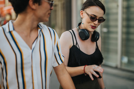 Two friends walking and talking on a city streetの写真素材