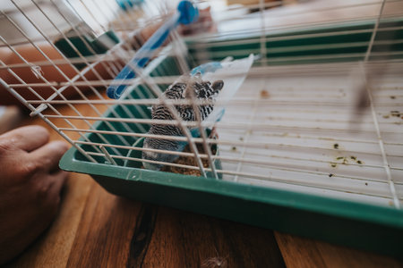 Close-up view of a caged budgerigar resting in its habitat with a human hand nearby on a wooden tableの写真素材