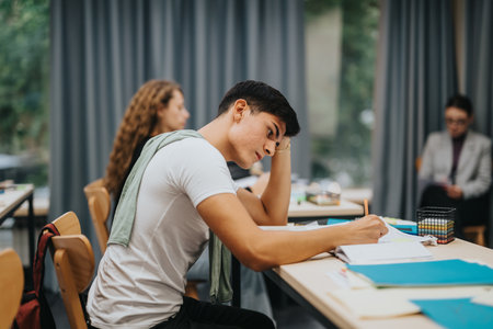 Focused students working together in a modern classroom settingの写真素材