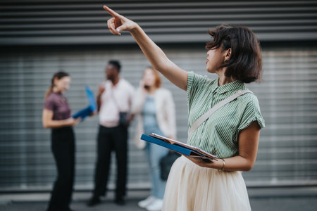 Diverse business professionals collaborating in urban city environmentの写真素材