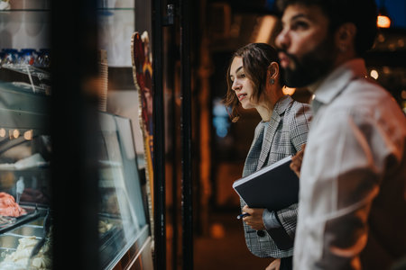 Businesspeople discussing in front of a glass display case in an urban settingの写真素材