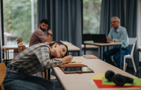 Students learning with elderly professor in modern classroom settingの写真素材
