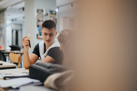 Students collaborating on a project in a modern classroomの写真素材