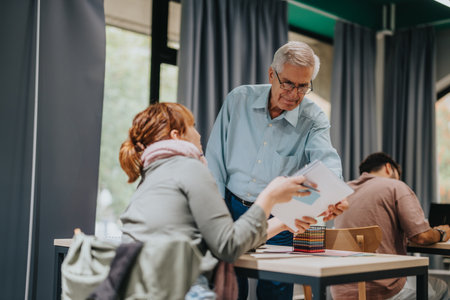 Elderly professor assisting students in a classroom settingの写真素材