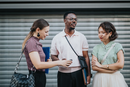 International business people having a conversation in urban city setting
