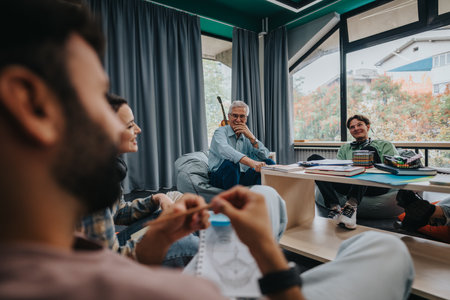 Professor engaging with students in a comfortable study spaceの写真素材