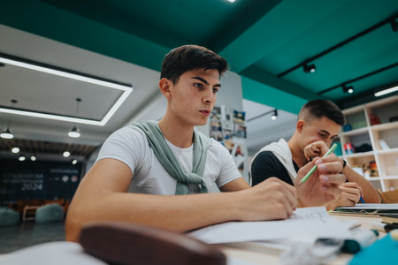 Focused students working together in a modern classroom settingの写真素材