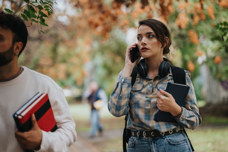 Students walking outdoors with books and headphones