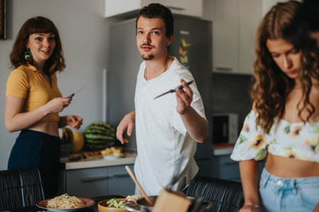 Friends gathering in kitchen preparing a meal together joyfully