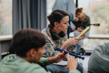College students engaged in interactive music class sessionの写真素材