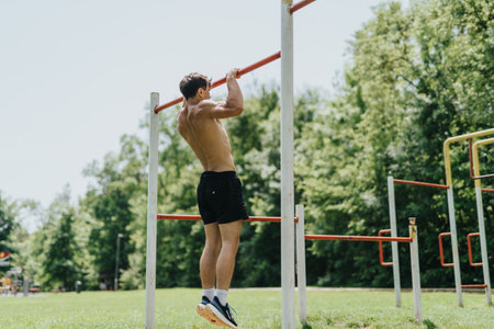Fit man exercising on pull-up bar in nature surrounded by trees