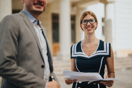 Confident business professionals engaging in a friendly outdoor meeting in front of a classic building, showcasing teamwork and successful collaborationの写真素材