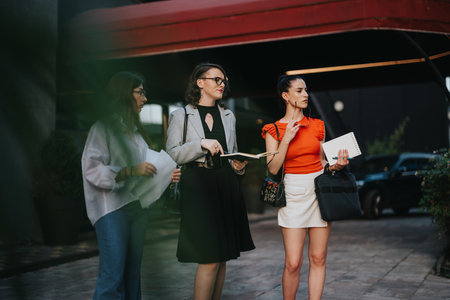 Three businesswomen having a discussion outdoors while holding papers and notebooksの写真素材