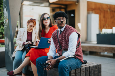 Confident entrepreneurs in an outdoor business meeting on a sunny day, discussing startup strategyの写真素材