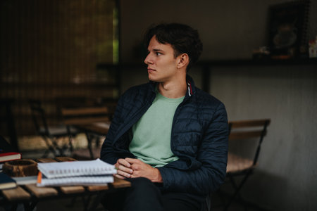 Young student sitting in an outdoor cafe with notebook