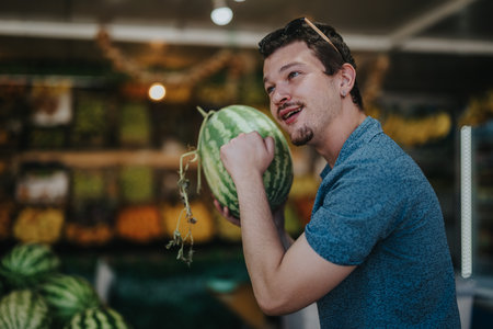 Young man happily choosing fresh watermelon at a local marketの写真素材