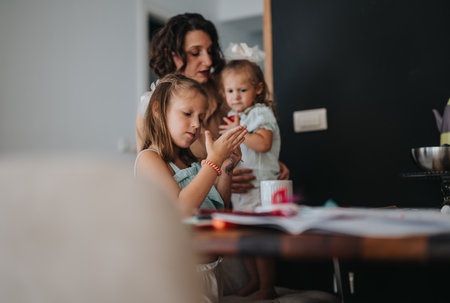 Mother spending quality time with her young daughters at homeの写真素材