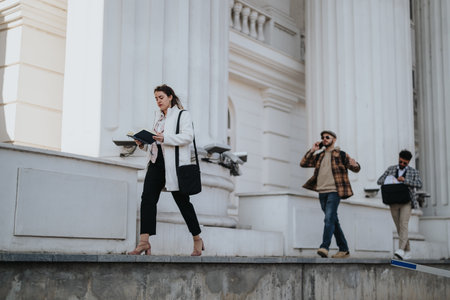 Young entrepreneurs in an outdoor meeting, discussing business strategies near an office buildingの写真素材