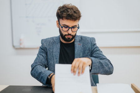 Young male professor reviewing papers after class sessionの写真素材