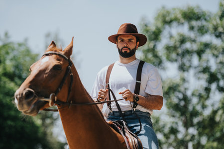 Man in hat riding horse outdoors on sunny day