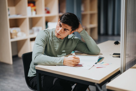 High school student studying in a modern classroom settingの写真素材