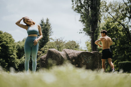 Young man and woman performing outdoor calisthenics during warm-up sessionの写真素材
