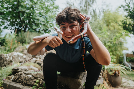 Young girl joyfully playing with colorful snakes in a garden settingの写真素材