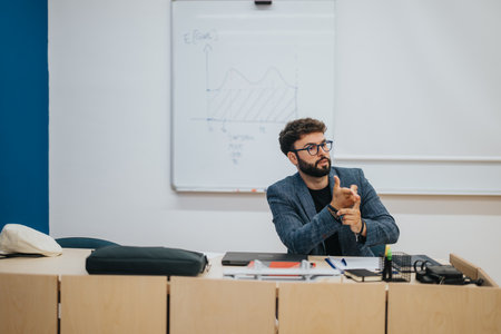 Young teacher explaining concepts in a modern classroom settingの写真素材