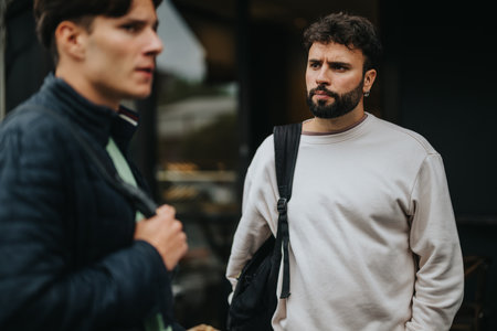 College students conversing outdoors during a breakの写真素材